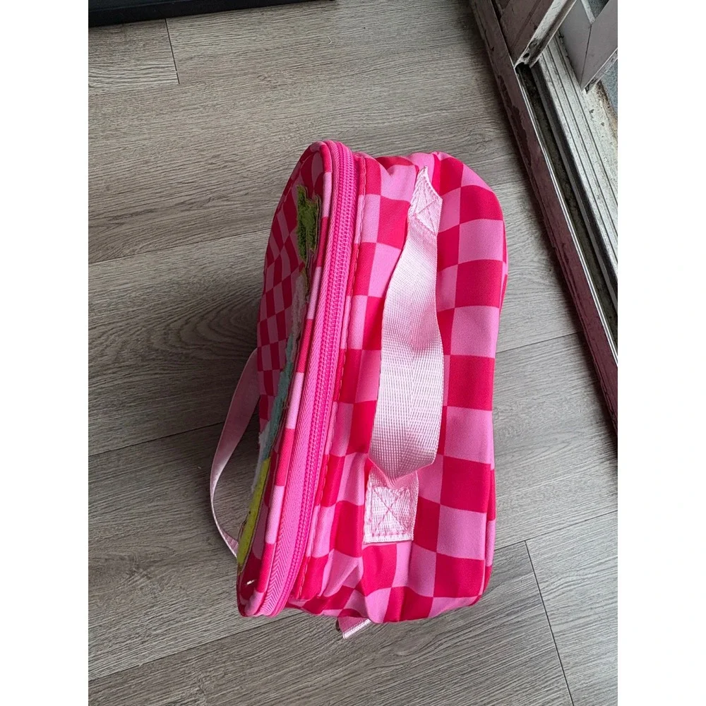 Pink Checkered Insulated Lunch Bag Chenille Patch Adjustable Strap